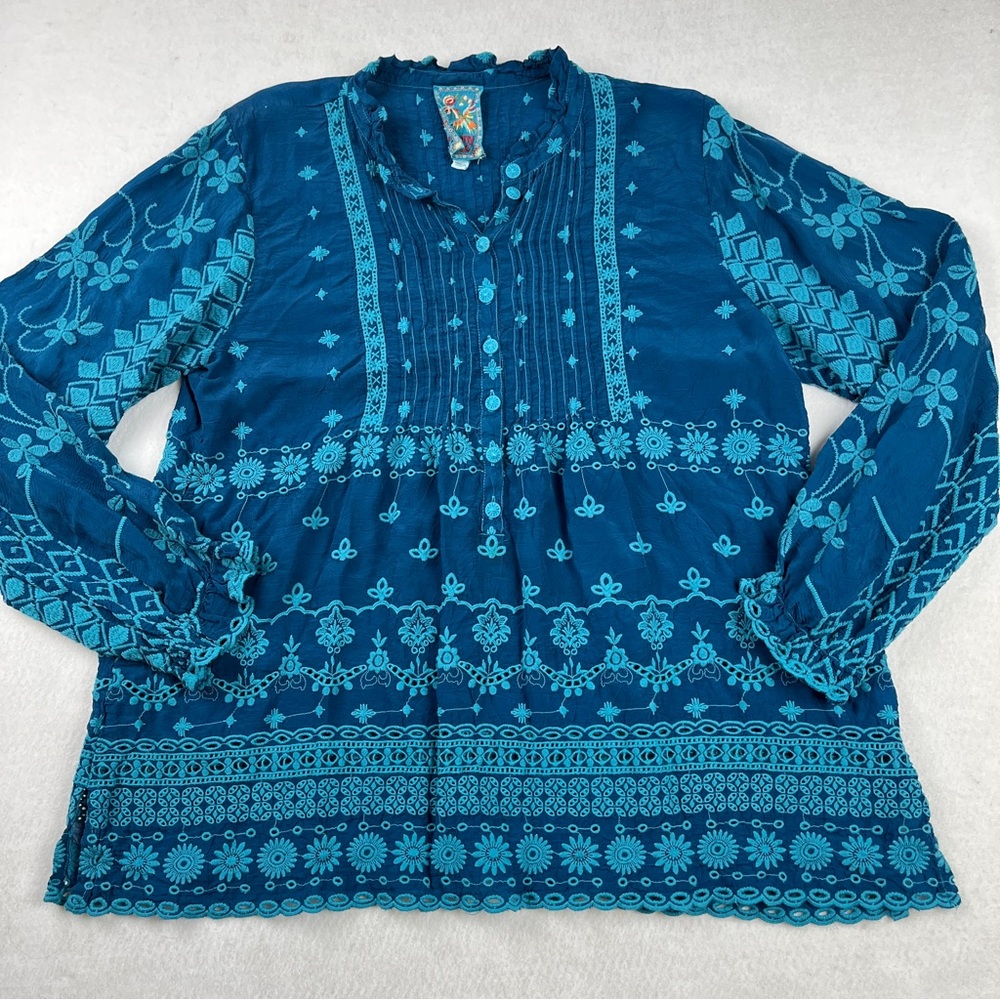 Johnny Was Ciaga Tamara Tunic Embroidered Eyelet Boho Peasant Blouse Top Sz M